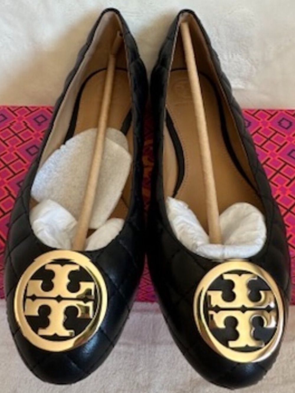 Tory Burch Benton 2 Black Quilted Leather Logo Round-Toe Flats!